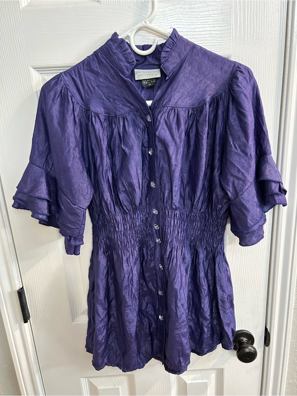 Paris Sarina purple Crinkled Button Down Blouse with Ruffle Sleeves Sz medium